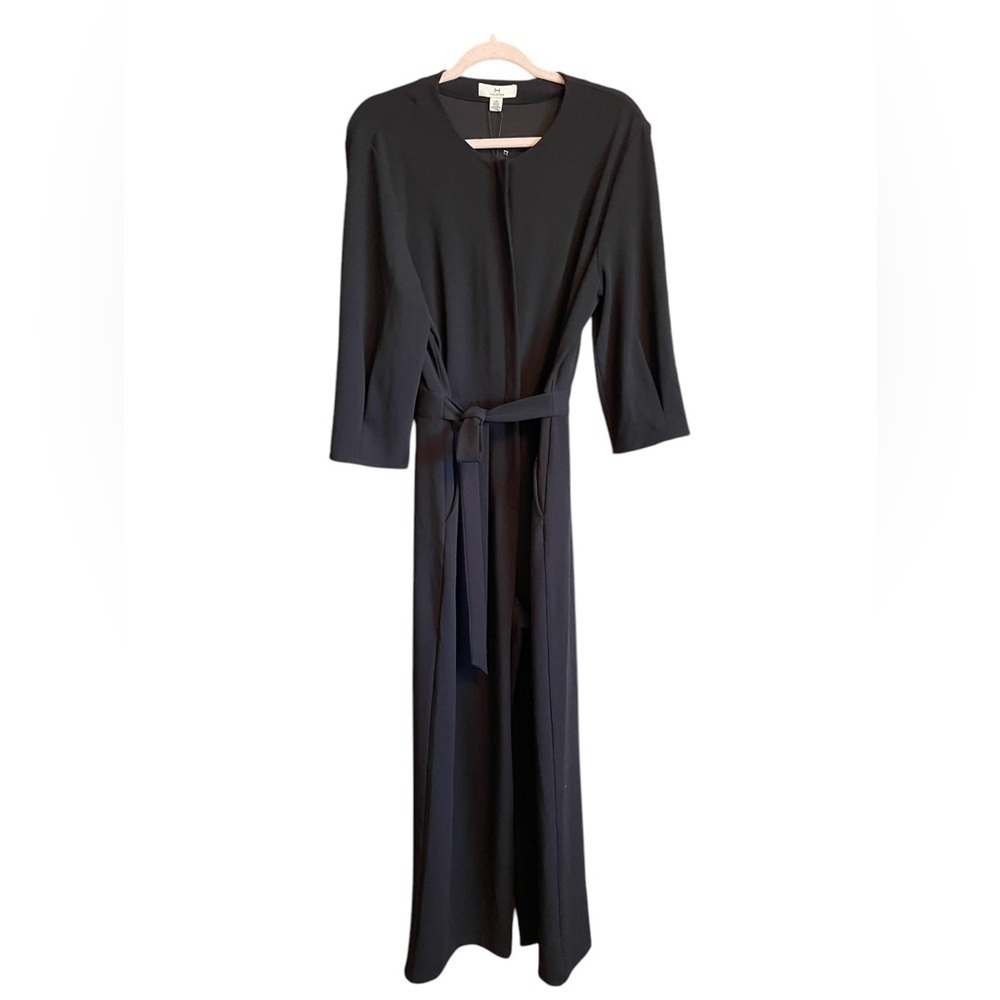 Halston Women's Black Solid 3/4 Sleeve -Front Zip-Size Large-Attached belt NWT